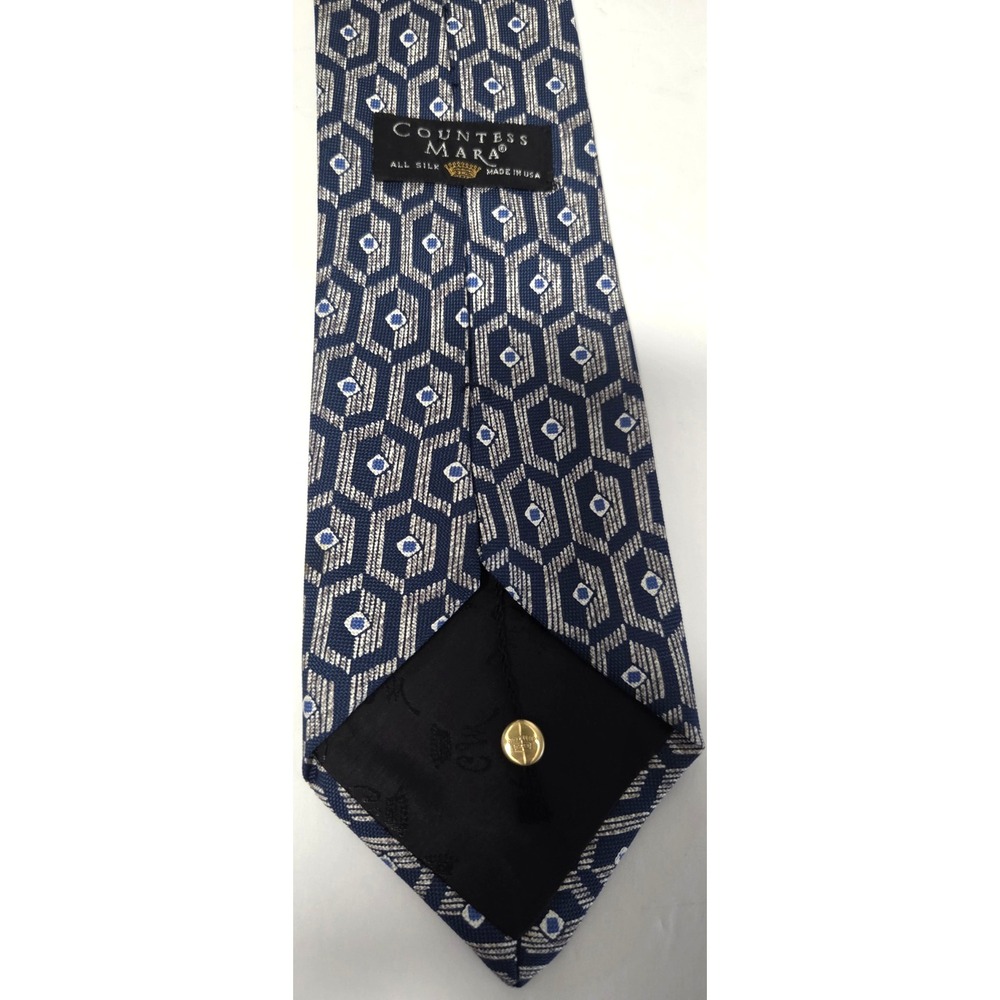 Countess Mara Necktie Blue/Gray/Ivory Geometric 100% Silk Tile Elongated Hex - Picture 5 of 12